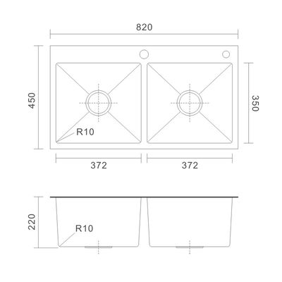 Topmount Stainless Steel Kitchen Sink Handmade Double Bowl 16 Gauge 82x45