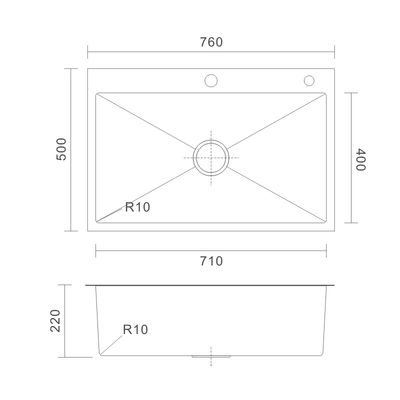 16 Gauge Topmount Stainless Steel Kitchen Sink Single Bowl  Brushed 76x50