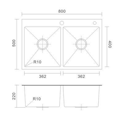 50 50 Topmount Stainless Steel Kitchen Sink 16 Gauge Brushed Double Bowl 80x50