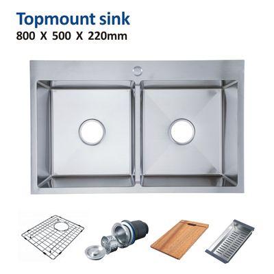 Rectangular 16 Gauge Top Mount Double Bowl Stainless Steel Kitchen Sinks 80x50