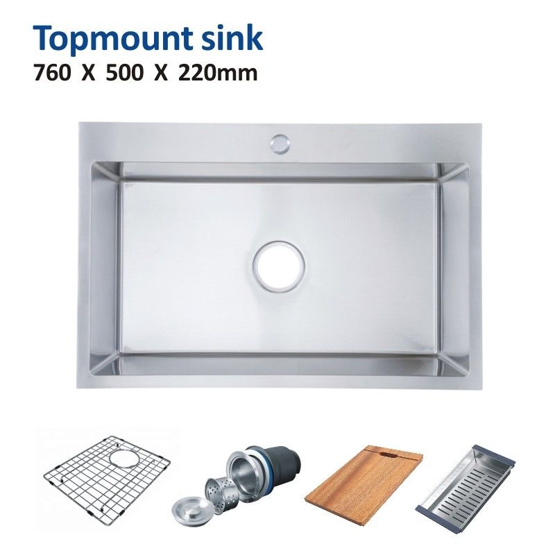 16 Gauge Topmount Stainless Steel Kitchen Sink Single Bowl  Brushed 76x50